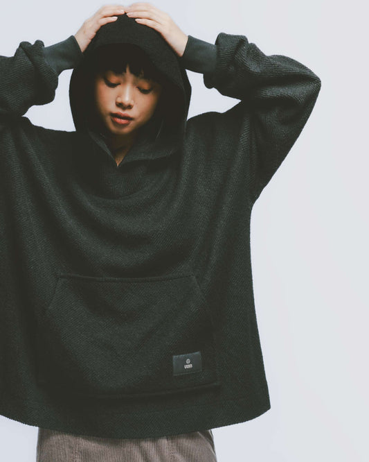 羊毛混紡織紋寬鬆帽T (黑)