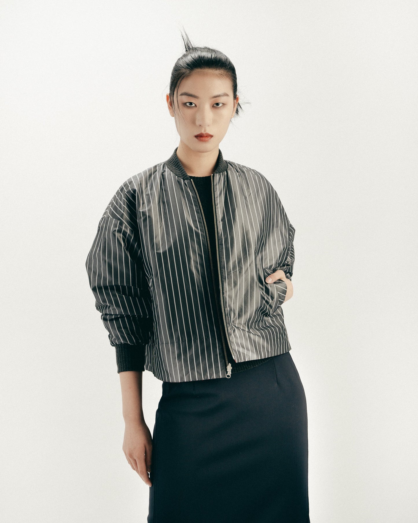 Red and grey striped flight jacket