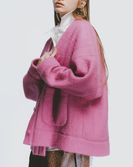 寬鬆設計感V領毛料外套 (桃粉)