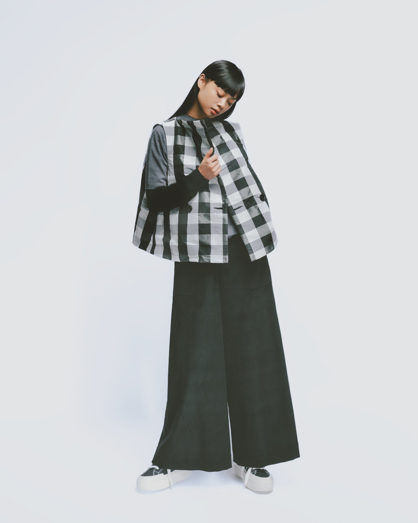 Black and white check reversible double-breasted vest