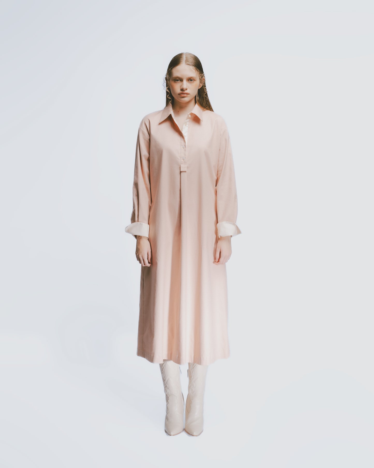 Houndstooth Pattern Half-Breasted Long Dress (Pink)