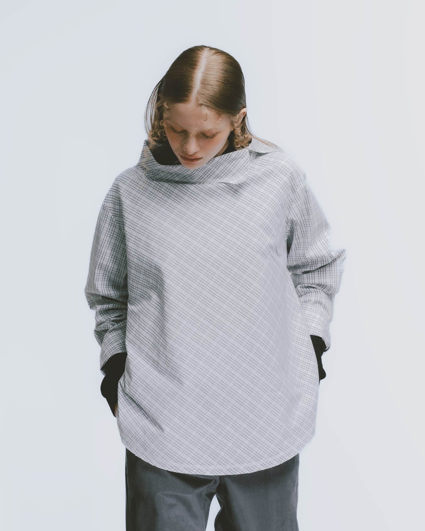 Black and white plaid funnel neck top