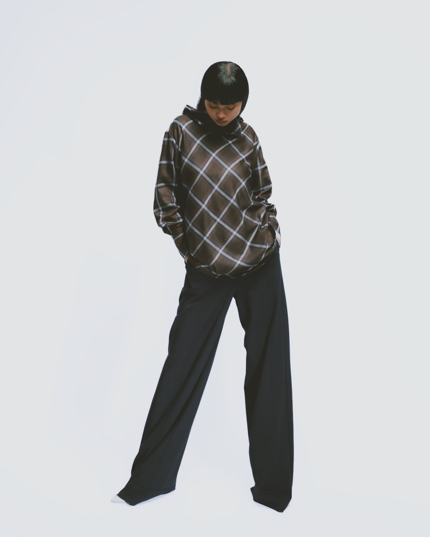 Retro coffee plaid funnel neck top