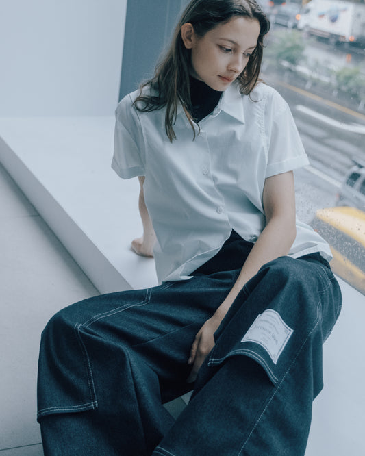 假兩件層次剪裁短袖襯衫(淺藍)