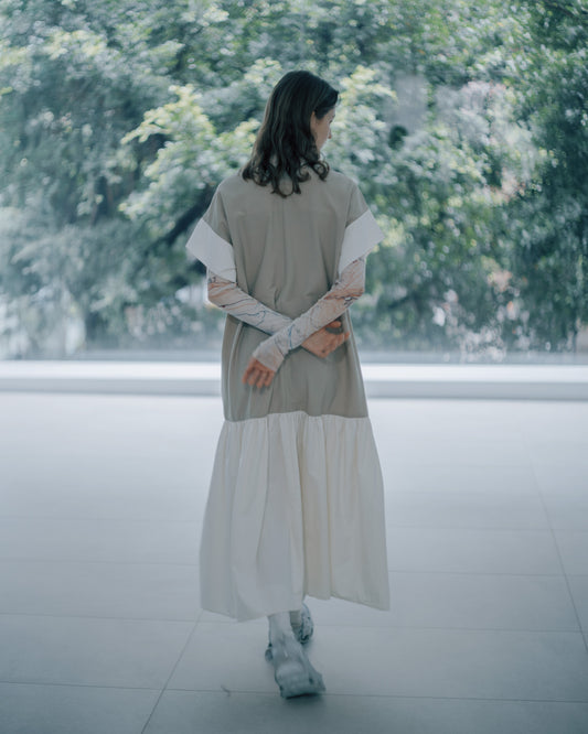 Two-tone stitching fishtail dress (khaki) 