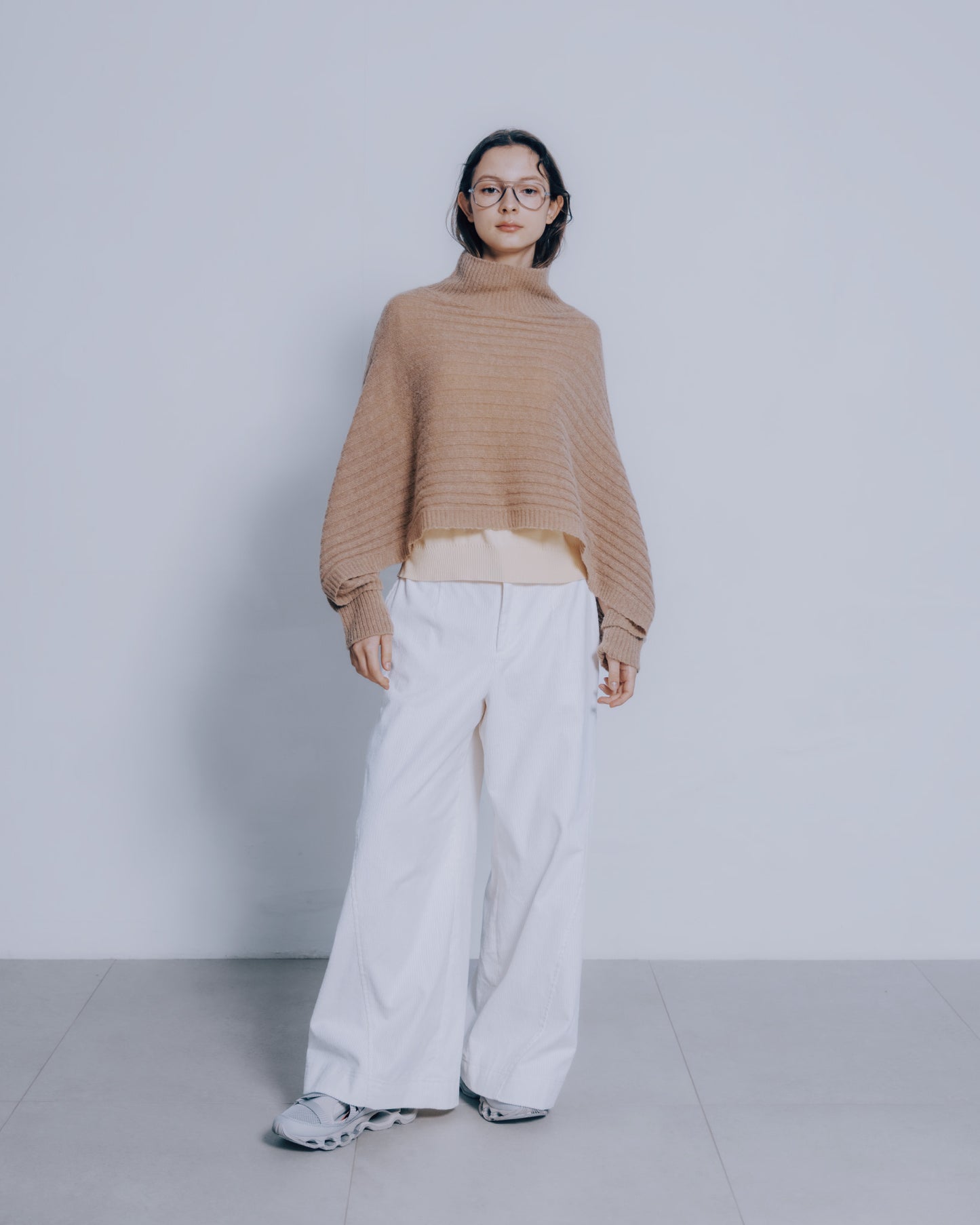 高領橫紋寬袖針織上衣(駝色)