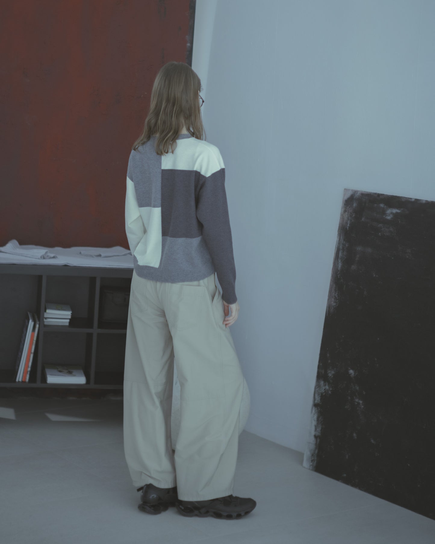 色塊拼接長袖針織上衣(灰色)