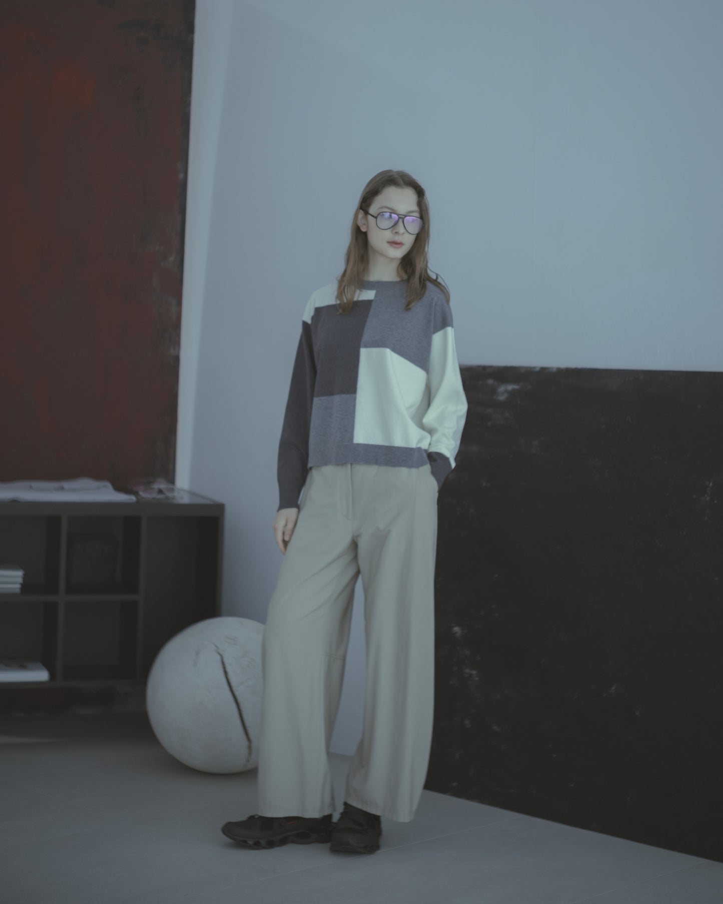 色塊拼接長袖針織上衣(灰色)