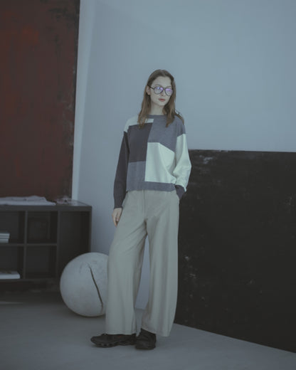 色塊拼接長袖針織上衣(灰色)