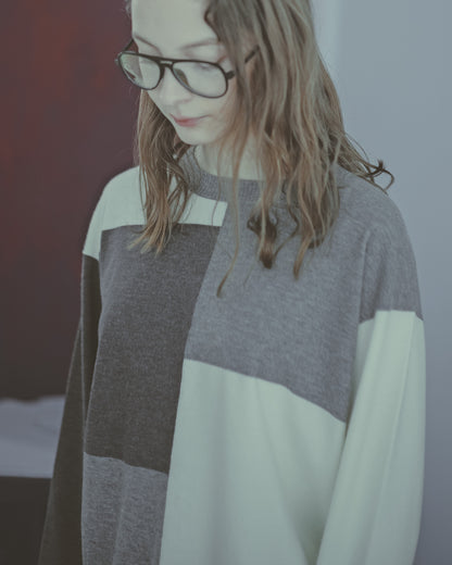 色塊拼接長袖針織上衣(灰色)