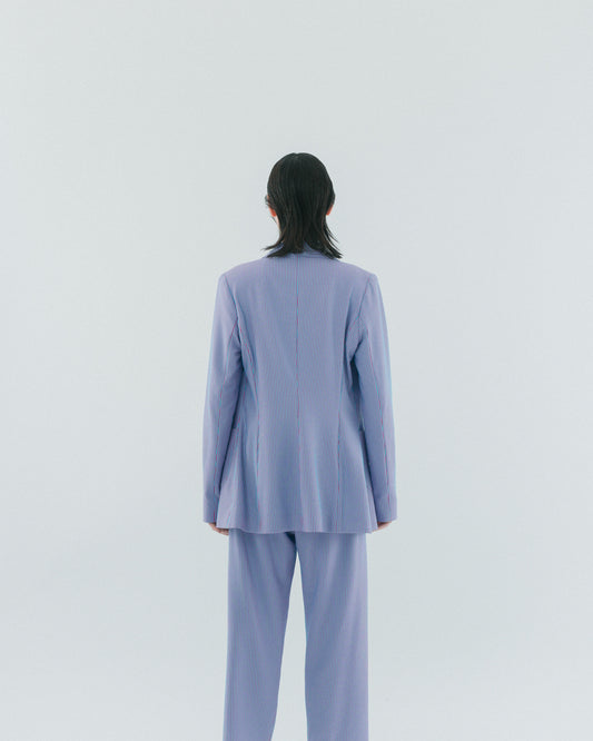 Blue and purple striped elastic straight-leg pants 