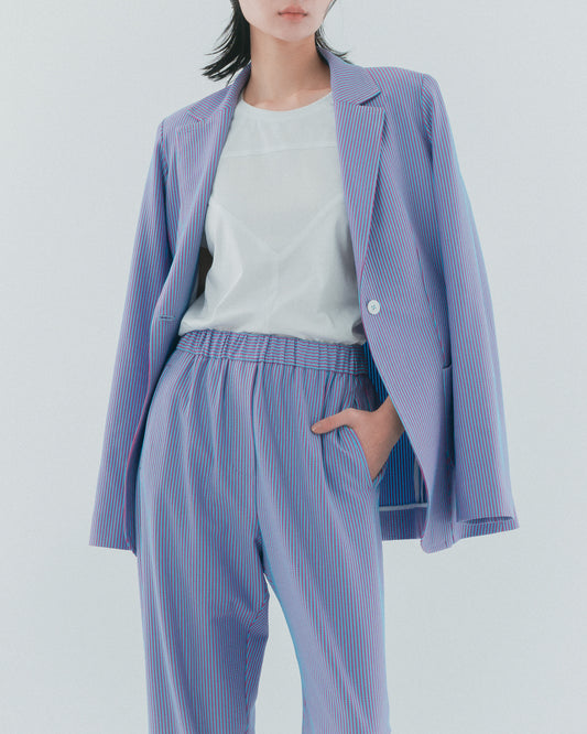 Blue and purple striped elastic straight-leg pants 