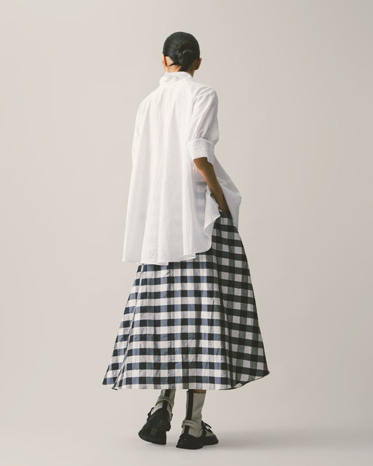 Blue and white plaid silk long skirt 