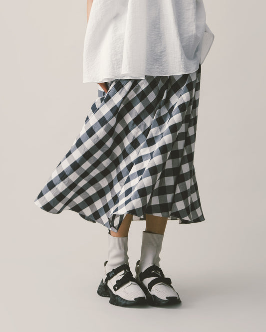Blue and white plaid silk long skirt 