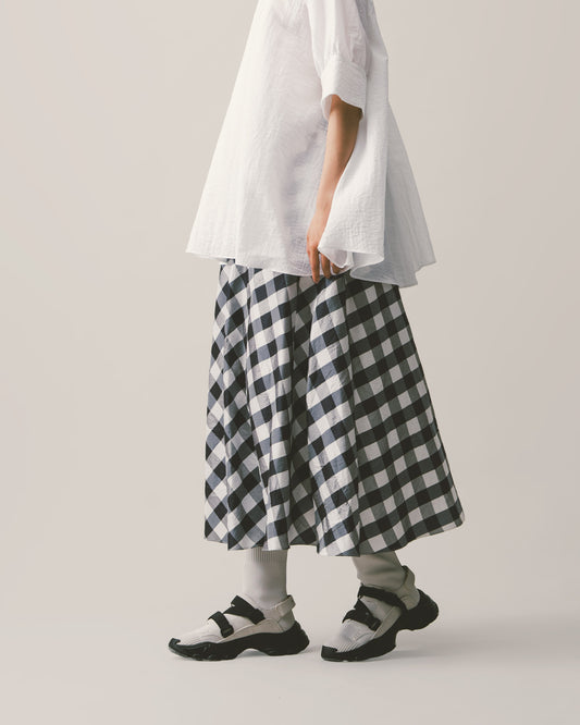 Blue and white plaid silk long skirt 