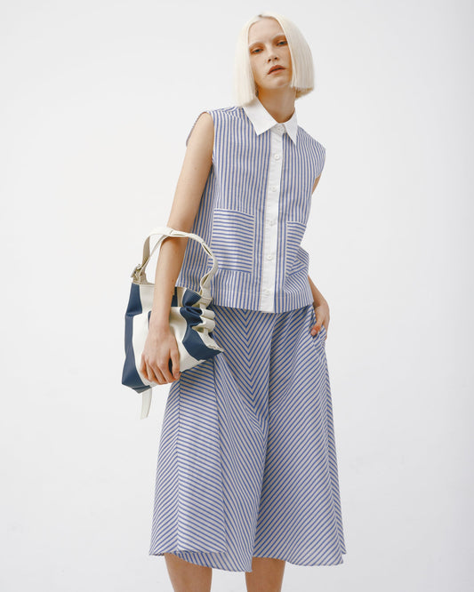 Blue striped A-line midi skirt 