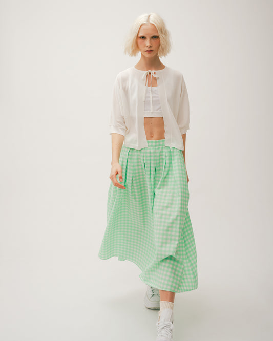 Green and white checkered pleated skirt 