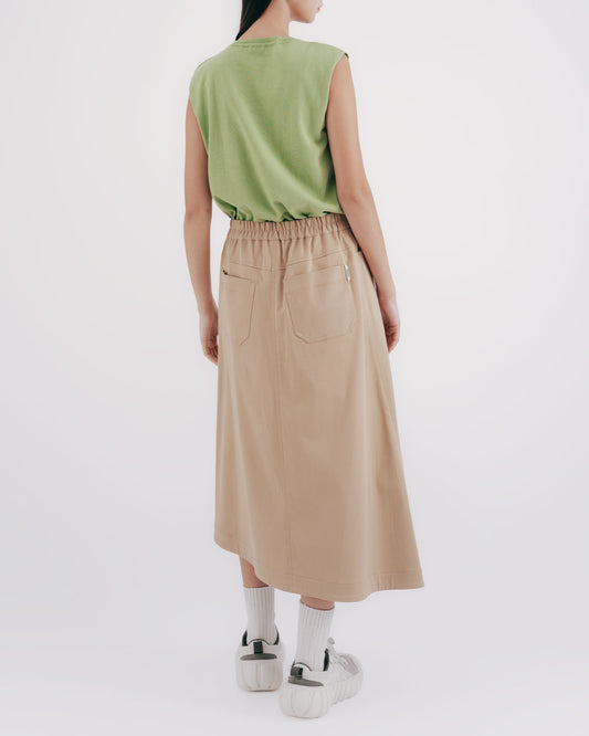Khaki Twill Asymmetric Midi Skirt
