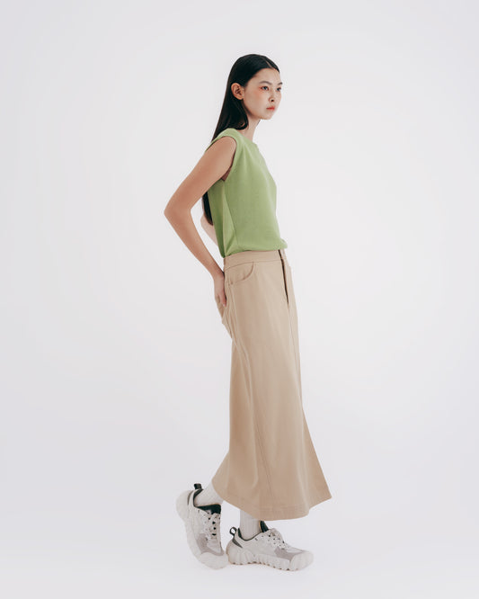 Khaki Twill Asymmetric Midi Skirt