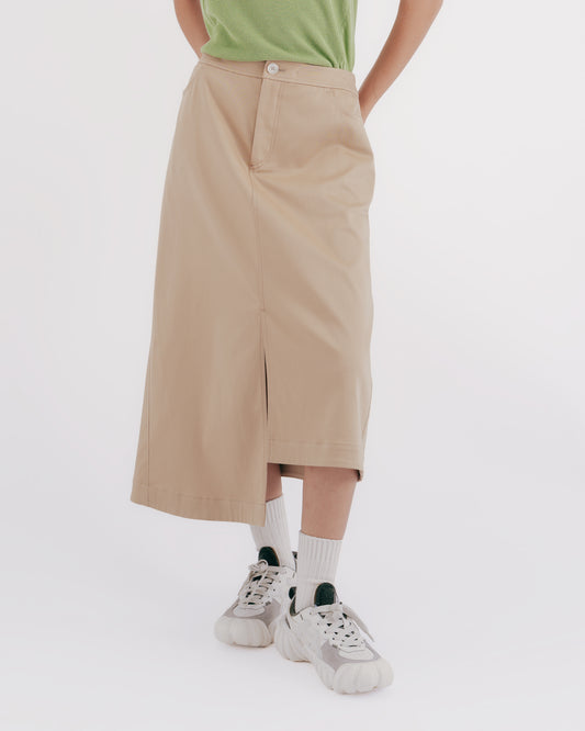 Khaki Twill Asymmetric Midi Skirt