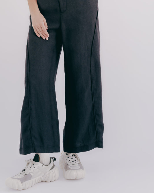 Linen Streamline Cut Wide Pants (Black and Gray) 