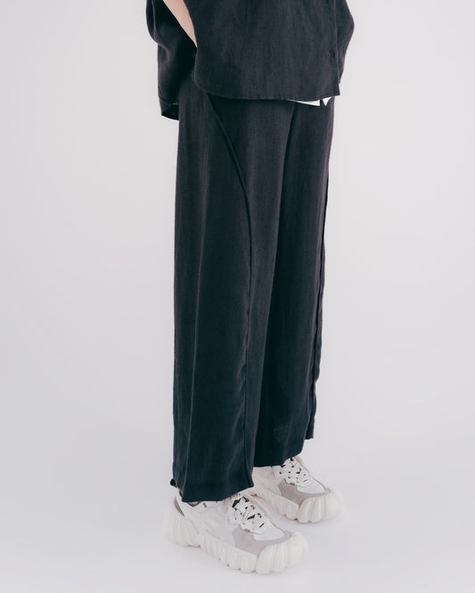 Linen Streamline Cut Wide Pants (Black and Gray) 