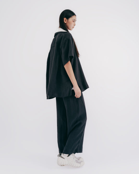Linen Streamline Cut Wide Pants (Black and Gray) 
