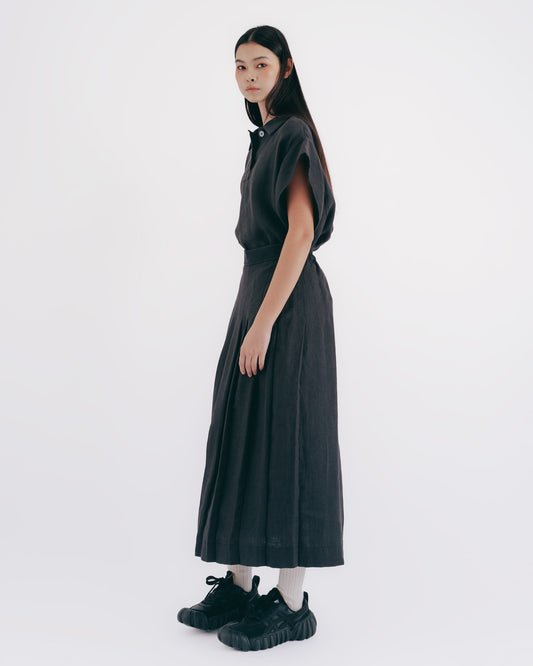 Linen pleated long skirt (black and gray)