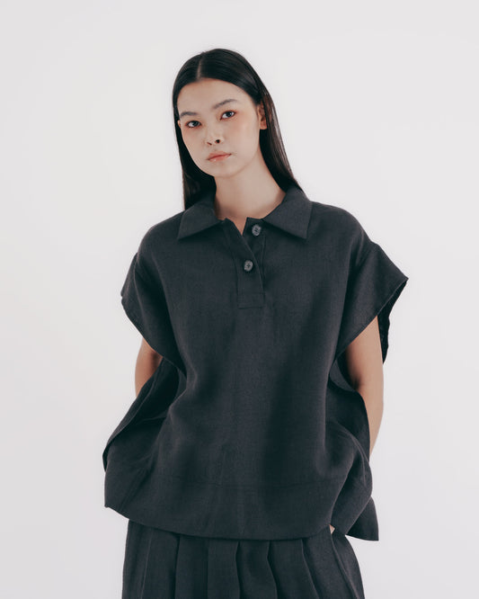 Linen pleated long skirt (black and gray)