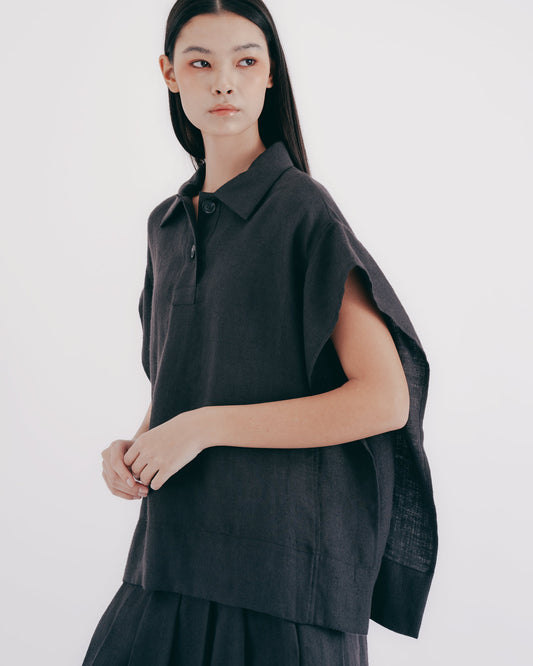 Linen pleated long skirt (black and gray)
