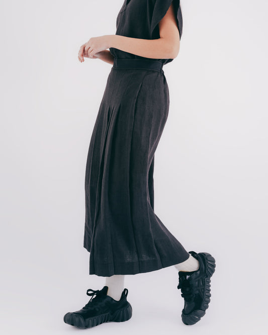 Linen pleated long skirt (black and gray)