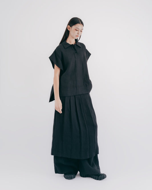 Linen pleated long skirt (black and gray)