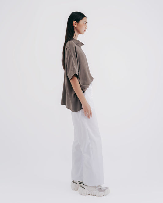 Matte Green Pressed Stand Collar Long Sleeve Top 