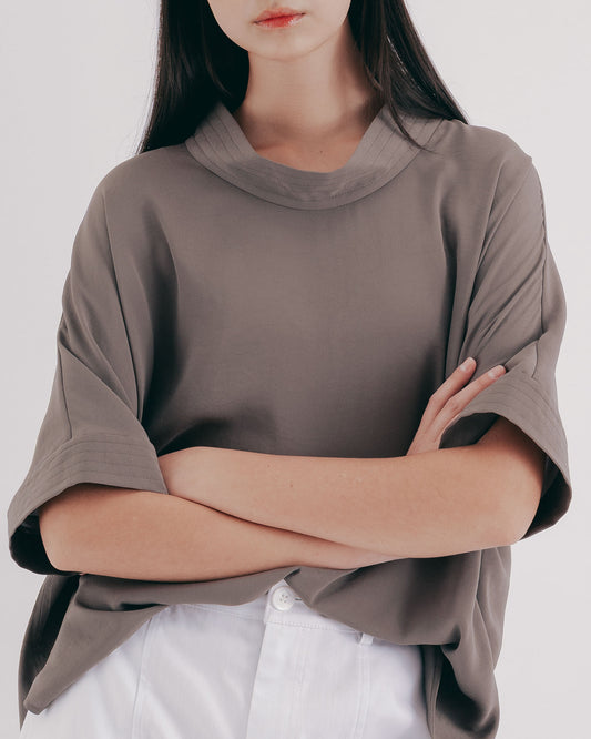 Matte Green Pressed Stand Collar Long Sleeve Top 
