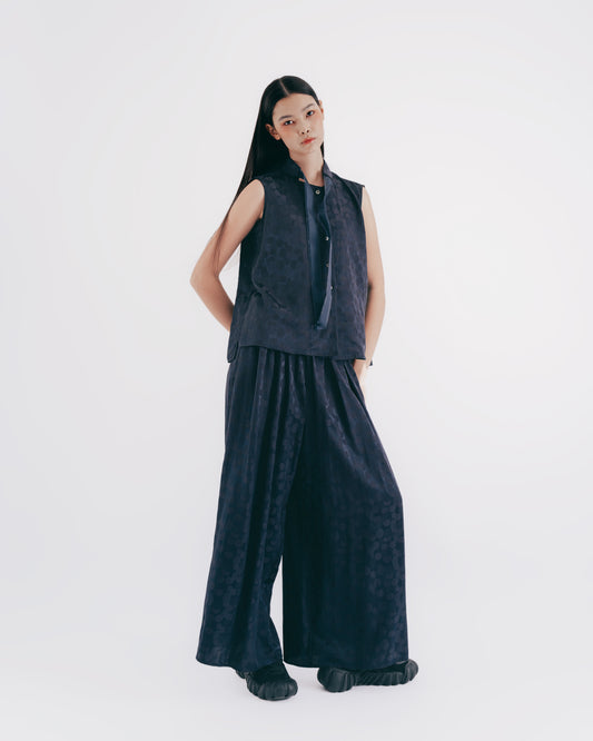 Silk and Cotton Blend Polka Dot Tie Top (Dark Blue) 