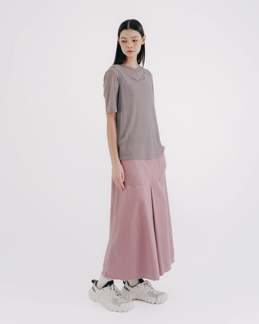 High-Top Fold A-Line Midi Skirt (Pink)