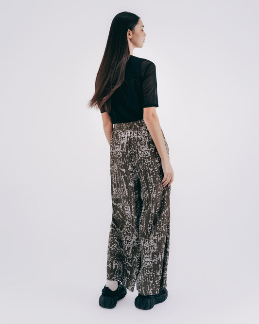 Gray-green patterned elasticated floor-length wide pants 