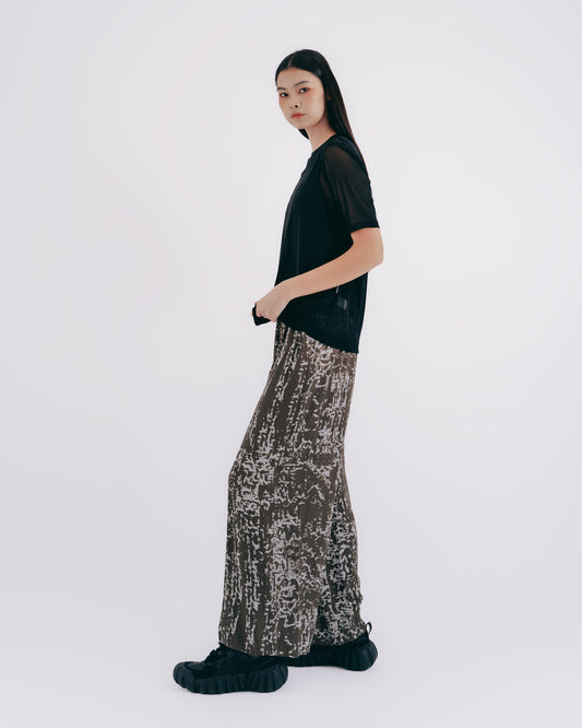 Gray-green patterned elasticated floor-length wide pants 