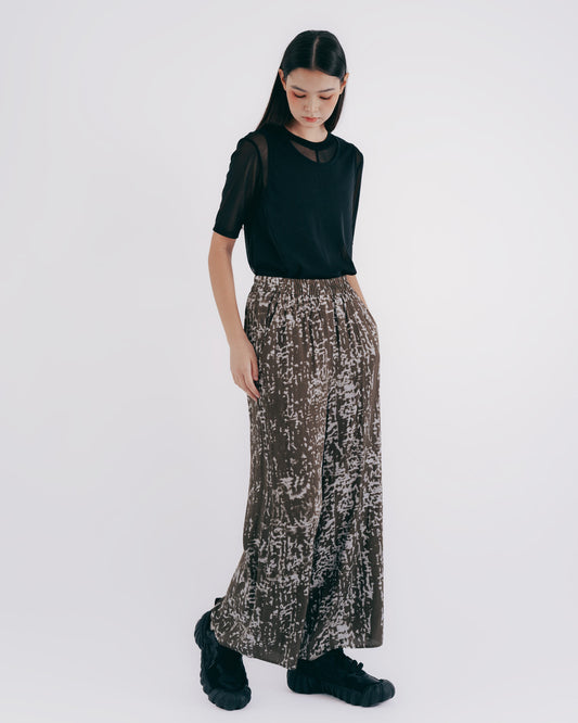 Gray-green patterned elasticated floor-length wide pants 