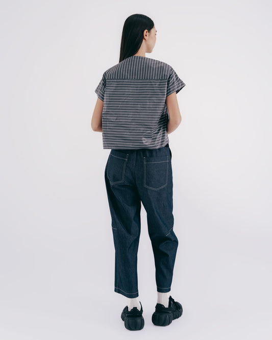 Silk Striped Pleated Short Top (Gray)