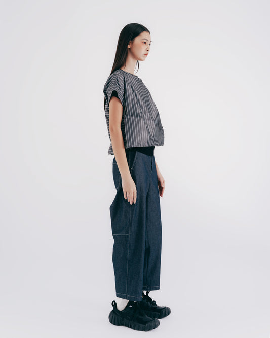 Silk Striped Pleated Short Top (Gray)