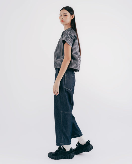 Silk Striped Pleated Short Top (Gray)