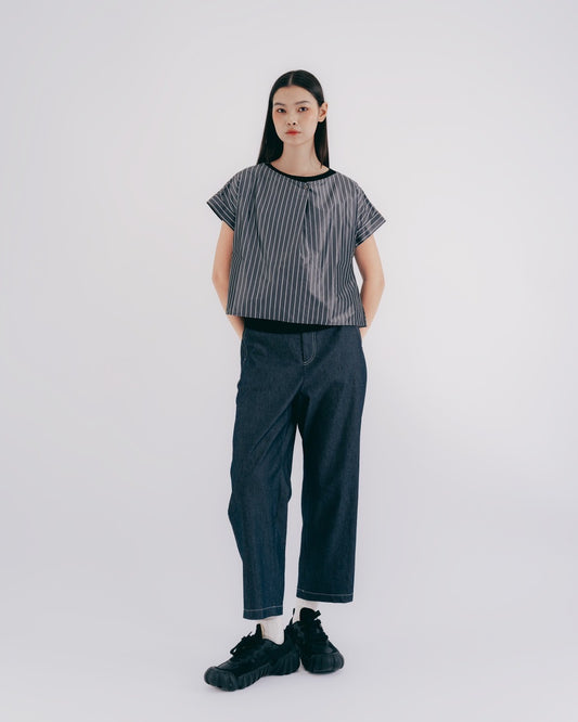 Silk Striped Pleated Short Top (Gray)