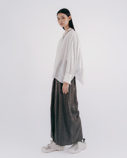 Silk and Cotton Blended Polka Dot Elastic Floor-Length Pants (Brown) 