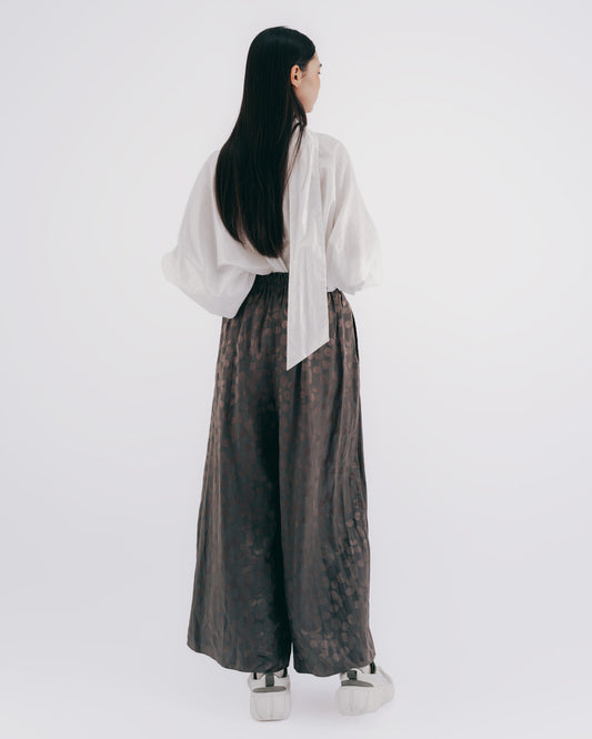 Silk and Cotton Blended Polka Dot Elastic Floor-Length Pants (Brown) 