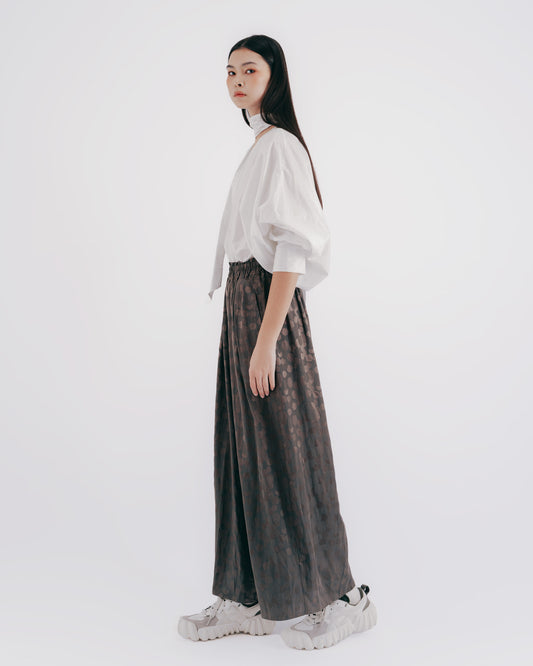 Silk and Cotton Blended Polka Dot Elastic Floor-Length Pants (Brown) 