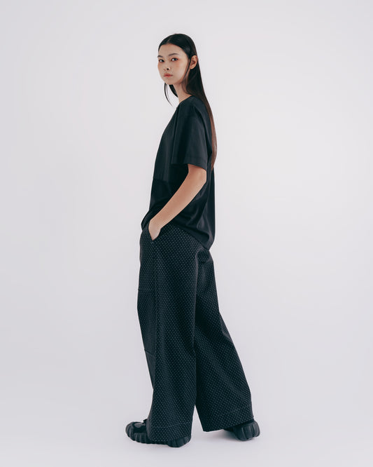 Layered tangent dot denim wide-leg pants 