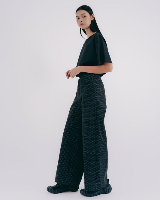 Layered tangent dot denim wide-leg pants 
