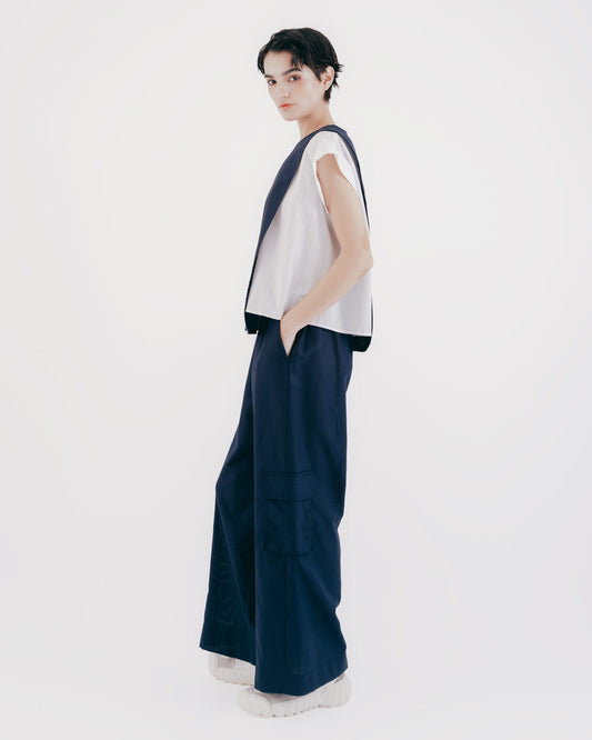 Fake two-piece contrast color stitching top (dark blue)