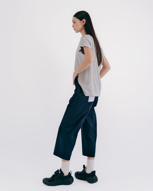 Dark blue twill cargo straight-leg pants with patch pockets